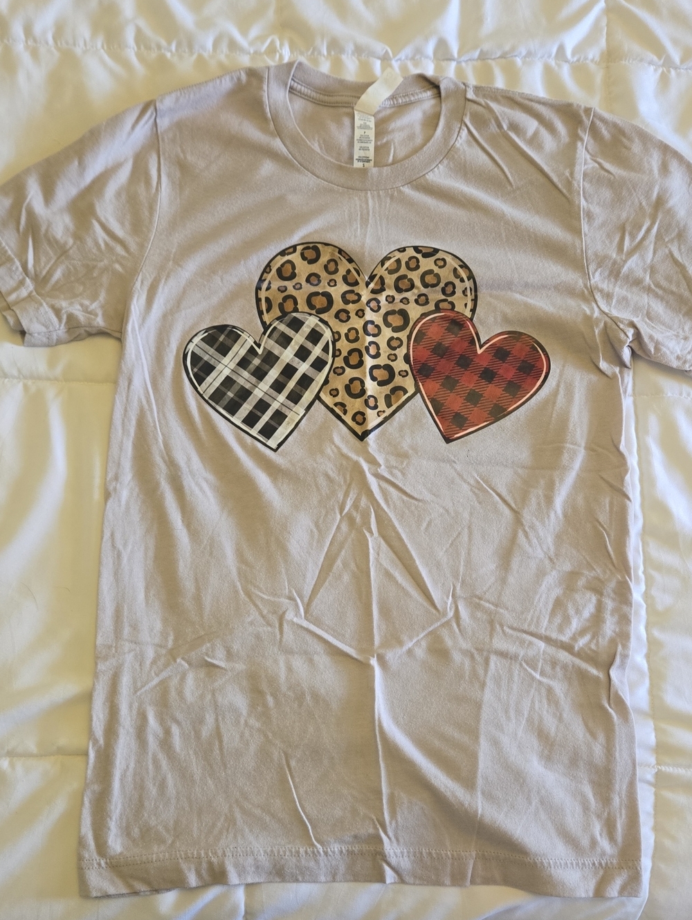 Beige Heart Graphic Tee with Plaid & Leopard Hearts